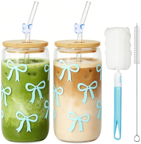 Mssushi 2 Pcs Bow Glass Cups 16OZ with Lids & Straws (Blue Bow) | Cute Iced Coffee Cup, Aesthetic Gift, for Bubble Tea, Juice