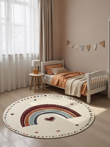 Hanse Home Adventures Kinderteppich Rund Luvy - Kinderzimmerteppich Regenbogen, Herzen, Bordüre Spielteppich Bunt, Junge, Mädchen, Teppich Kinderzimmer, Wohnzimmer - Creme Multifarben, Ø160cm