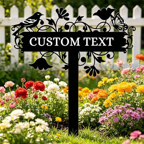 Custom Bird Garden Signs with Stake, Personalised Metal Garden Decor, Name Sign, Rustic Yard Welcome Sign, Flower Metal Art Yard Plaque Lawn Signs