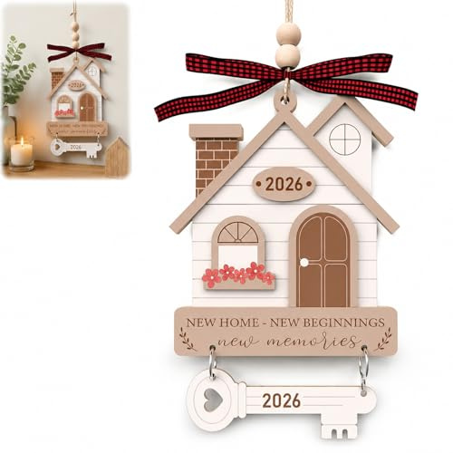 Personalised 2026 Wooden House Keepsake for New Home Gift - Rustic Hanging Ornament with Keyring & Greeting Card, Housewarming Present for Couples, Family or Friends