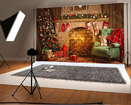 YongFoto 3x2m Foto Hintergrund Weihnachtsbaum Kamin Strumpf Sofa Geschenke Bärn Laterne Teppich Innenraum Fotografie Hintergrund Fotoshooting Portraitfotos Party Kinder Hochzeit Fotostudio Requisiten