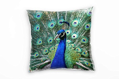 Paul Sinus Art Tiere, Pfau, blau, grün, weiß, nah, braun Deko Kissen 40x40cm für Couch Sofa Lounge Zierkissen - Dekoration zum Wohlfühlen