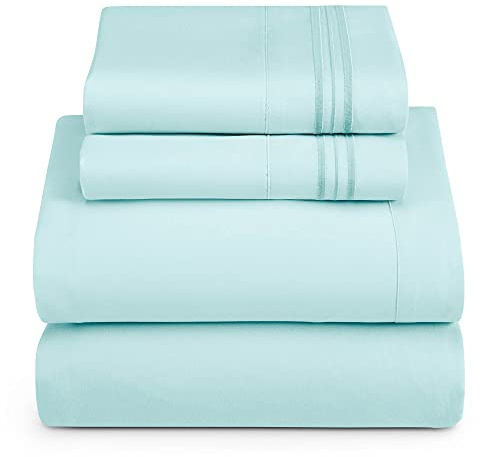 Hearth & Harbor RV Short Queen Size Sheets - 4 Piece Bed Sheet Set, Hotel Luxury Double Brushed Bed Sheets - Extra Soft Bedding Sheets & Pillowcases, Short Queen, Aqua Blue