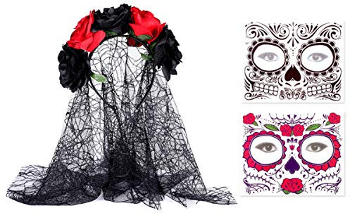 FRCOLOR Tag der Toten Schleier, Damen Tag der Toten Rosen Haarreif mit Blumen und Schleier mexikanischen Blumen Kronen mit 2 Stück Halloween Temporäre Gesicht Tattoos Toten Zucker Schädel Tattoos