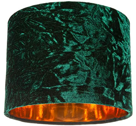 Modern and On-Trend Forest Green Crushed Velvet Fabric 8 Table or Pendant Circular Drum Lampshade with Shiny Copper Inner - 40watt Maximum | Perfect for Residential or Commercial by Happy Homewares