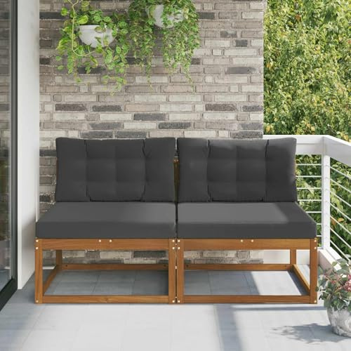Angajara Outdoor Mittelsofa mit Kissen 2 Stück Natur Akazienholz wetterfest für Garten Terrasse Balkon Lounge Sitzgruppe mit Polstern und Armlehnen