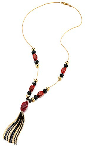 COOLSTEELANDBEYOND Elegante Gold Lange Kette Statement Halsketten mit Gold Rot Schwarz Edelsteine Perle Quaste Anhänger, Abendkleid Partei