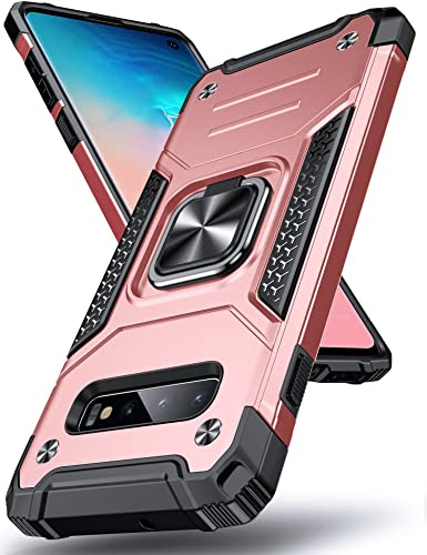DASFOND Armor Hülle für Samsung Galaxy S10 Case Militär Stoßfest Handyhülle [Upgrade 2.0] 360 Grad Metal Ring Halter Ständer Schutzhülle [für Handyhalterung Auto Magnet], Rosa