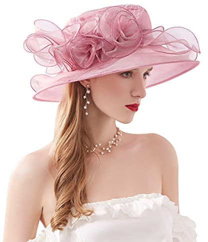Z&X Organza Church Fascinator Wedding Tea Party Derby Hats for Women Flower Wide Brim Sun Hat