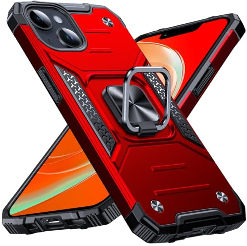 Anqrp Heavy Duty Case for iPhone 13/14 Case with Enhanced Ring Holder Grip Stand, Military Grade Shockproof Rugged Drop Protective Silicone Hard iPhone 13/14 Phone Case Cover, Red