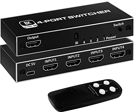 HDMI Switch 8K, HDMI 2.1 Switch 4 in 1 Out mit IR-Fernbedienung, Aluminum 8K@60HZ 4K@120HZ HDMI 2.1 Switcher Unterstützt High Speed 48Gbps, HDCP2.3, HDR 10 Kompatibel PS5, Xbox, Fire Stick, Laptop
