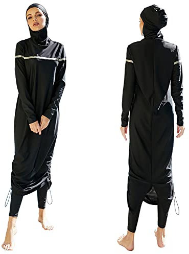 Frauen Muslimische Badeanzug Burkini Damen Muslim Full Cover Islamisch Arabisch Jilbab Schwimmanzug Langarm Schwimmoberteile Built in Bra+Schwimmhose+Hijab 3tlg Ganzkörper Modest Bademode 9#Schwarz M