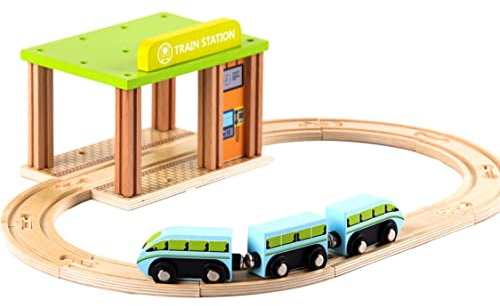 Udeas Holzeisenbahn Set, mit DREI Zug Spielzeug und Holzeisenbahn Set, Eisenbahn für Kinder ohne Plastik. für Kinder ab 3 Jahre