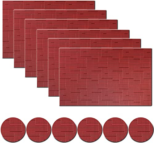 pigchcy Placemats and Coasters Set of 6, Washable Non-Slip Kitchen Table Mats, Elegant Heat-Resistant Placemats for Dining Table (45cm X 30cm, Burgundy Red)