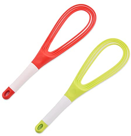 Fezf 2 pièce Fouet Fouet Cuisine,Fouet Patisserie Fouets en Silicone Batteur à Oeufs Pliable Deux en Un Fouet Manuel Ustensiles de Cuisine pour Mélanger, Mixer, Remuer, Fouetter(Rouge + Vert)
