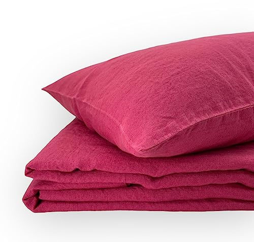 JOWOLLINA Natur Leinen Bettwäsche-Set Soft Washed Finish 180mg2 (Beeren, 155x220 cm, 40x80 cm)