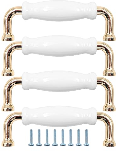 ZONADAH Set mit 4 Schrankgriffen aus Keramik und vergoldeten Griffen, Lochabstand 96 mm, Schrankgriffe aus weißer Keramik, Schubladengriffe aus Kupfer für Möbel, Schubladen, Schränke, Kommoden