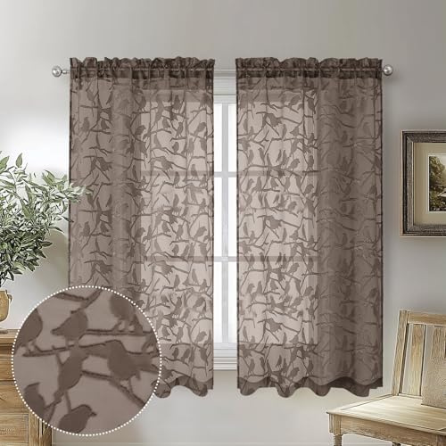 OVZME Set di 2 tende trasparenti piccole, marroni, lunghe 114 cm, con filtro della luce, morbide, ariose, con doppia tasca per asta, design con foglie e uccelli, in tessuto jacquard per cucina, 5 x 96