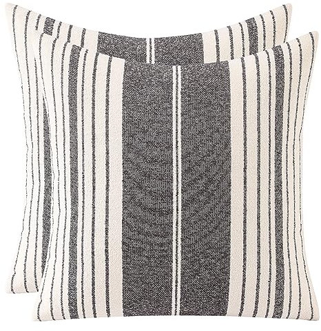 Tosleo 2er Set Boho Breite Streifen Kissenbezug 45x45 cm Weiche Baumwolle Leinen Kissenhülle für Bauernhaus Sofa Schlafzimmer Wohnzimmer Auto Dekor Kopfkissenbezug Schwarz