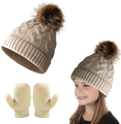 Kinder Wintermütze+Handschuhe Kinder Stretch,Unisex Kinder Mütze,Winter Beanie-Mütze,Beanie,Strickmütze,Baby Mütze mit Kunst-Fell-Bommel, Warme Kinder Strickhandschuhe für den Winter im Freien,Beige