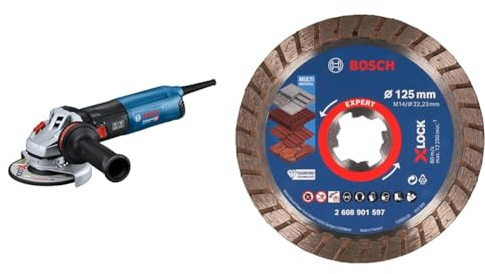Bosch Professional Winkelschleifer GWS 14-125 S (Schutzhaube, anklippbare Trennschutzhaube) + 1x Expert MultiMaterial X-Lock Diamanttrennscheibe (Beton, Ziegelsteine, Dachziegeln, Ø125x22,23 mm)