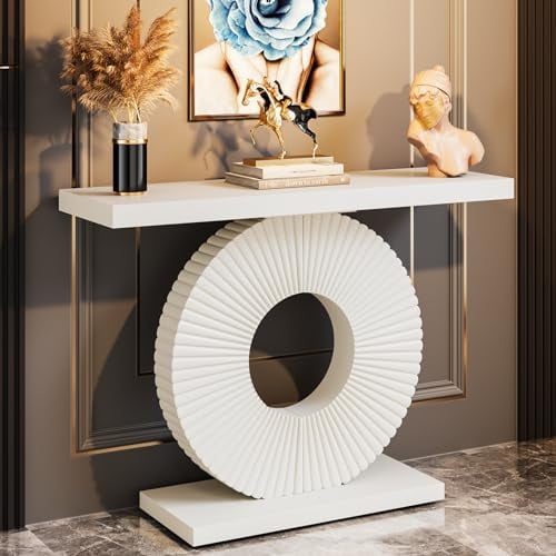 Tribesigns konsolentisch, Flurtisch mit eine runde, blumenförmige Basis, Schmaler Beistelltisch Holz, Sofatisch für Wohnzimmer, Flur, Schlafzimmer,Landhausstil, 100 x 30 x 79 cm, Weiß