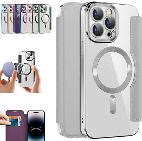 OSEVIO Transmitg Luxury Leather Flip Magnetic Phone Case with Card Holder, Transmitg Magnetic Leather Wallet Card Flip Transparent Case For iPhone 15 14 13 12 11 Pro Max (For lphone 14,Grey)