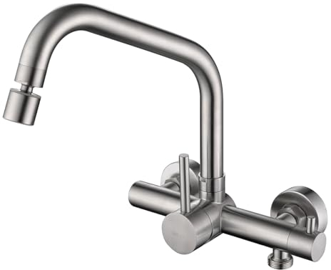 ONECE Grifo Cocina de Pared con 2 Modos, con Interfaz de Lavavajillas/Lavadora 3/4, Mezclador con Rociador de Caño Giratorio, Grifería Rotación de 360°, Acero Inoxidable 304, Aireador Extraíble