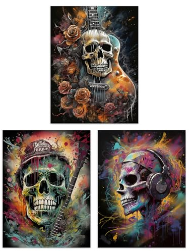 Artery8 Set of 3 Prints Death Metal Music Skull Face Guitar Horror Darkness Pack of 3 A4 Poster Living Room Wall Art Prints