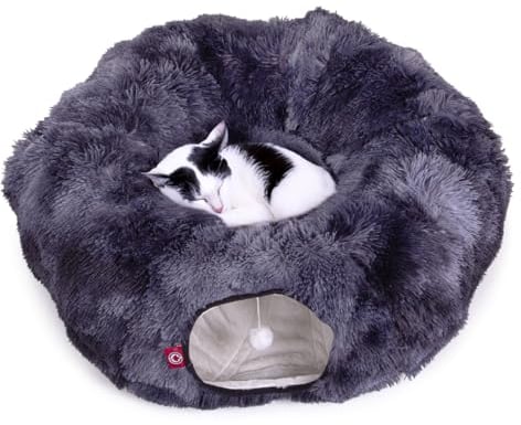 CanadianCat Company | Premium Katzentunnel mit Schlafplatz Otis Dunkelgrau Kuschelfell Innenbezug Katzentunnel Große Katzen XXL 2-in-1 Donut Tunnel für Katzen inkl. flauschigem Liegekissen
