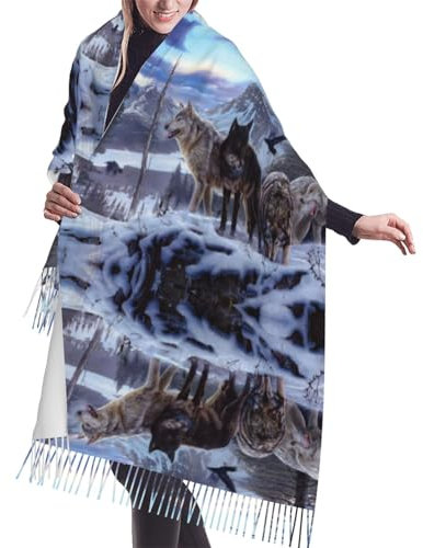 ASEELO 196 x 68 cm Schal Schal Schnee Wolf Muster Druck Kaschmerette Fransen Schal Mode Lange Schal Wraps Winter Warm, Schneewolf-Muster, cashmerette fringed scarf