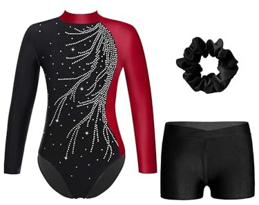 iiniim Mädchen Turnanzug Glitzer Gymnastikanzug mit Shorts Haarband Trikotanzug Langarm Gymnastik Leotard Wettbewerb Tanzkostüm Weinrot&Schwarz 170-176