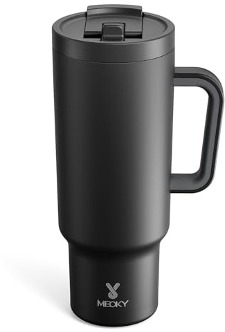 Meoky Drinking Cup with Handle and Folding Straw, 100% Leak-proof Cup with Lid and Straw, Stainless Steel Insulated Tumbler, Cup Holder, Keeps Cold for 34 Hours (Night)