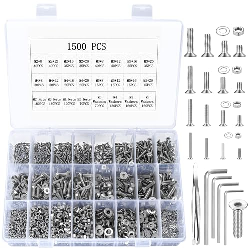 Kit Assortimento Bulloni Ad Esagono Incassato, Dadi e Rondelle, Vite a Testa Svasata, Viti a Testa Piana per Macchine, Bulloni Cilindrici in Acciaio Inox Set, M2 M3 M4 M5 (1500 Argento)