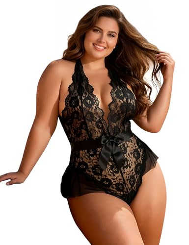 ohmydear Body Femme Dentelle Grandes Tailles Lingerie Sexy | Transparent, Décolleté en V, Dos Nu, Licou, Teddy Babydoll Nuisette, Tenue Hot Jumpsuit