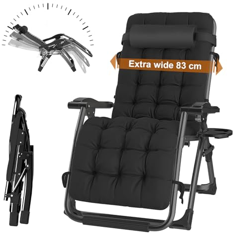 Liegestuhl Klappbar Sonnenliege mit Kissen, Gartenliege Relaxliege für Mittagspause mit Verstellbar RüCkenlehne, Belastbar 240kg Gartenstuhl Extrabreiter/Ergonomische/ Atmungsaktiv (Schwarz-83cm)