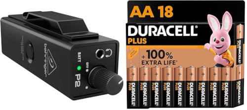Behringer POWERPLAY P2 Ultra-Compact Personal In-Ear Monitor Amplifier & Duracell Plus AA Batteries (18 Pack) - Alkaline 1.5V - Up To 100% Extra Life - Reliability For Every