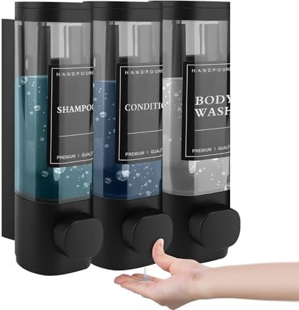 MEKOTRIN Soap Dispenser Bathroom Shampoo and Conditioner Dispenser Wall Mounted 300ML Container for Shower Gel Washing Up Liquid ABS No Drill Bathroom Accessories Set of 3(Black)