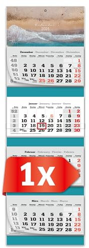 PRIMUS PRINT XXL Kalender 2025 - Mehrblock Wandkalender - 4-Monatskalender - Jahres Blockkalender - mit Datum Schieber - inklusive Feiertagen und Ferien - verschiedene Motive - [ 1x Strand ]