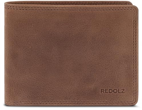 REDOLZ Herren Leder-Geldbörse Querformat mit Klappe | Geldbeutel Brieftasche Portmonee Portemonnaie mit Klappe | RFID-Schutz & 8 Kartenfächer Querformat | Maße 12 x 2,5 x 9,5 cm (braun)