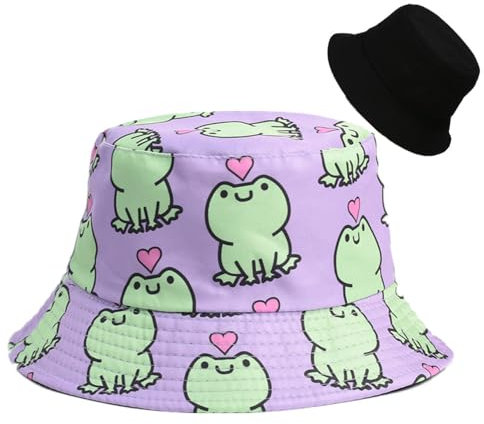 LANLYLGQ Fischerhut Beidseitig Tragen Unisex Herren Damen Sonnenhut UV Schutz Sommerhut Bucket Hat (Baumwolle, Frosch-Lila)