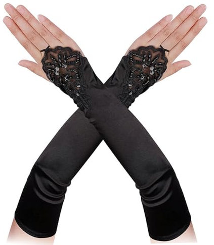 Lufdegim Lange Handschuhe Damen Fingerlose Retro Spitze Satin Handschuhe 42cm 1920 Lange Elastischer Handschuhe Opern Tanz Hochzeit Party Elegant Satin Handschuhe (Schwarz)