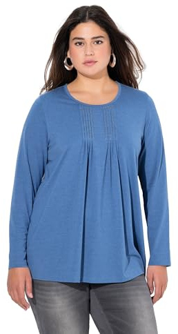 Ulla Popken Damen Shirt, Falten, Perlen, A-Linie, Langarm Tunika-Shirt, Denimblau, 54-56 EU