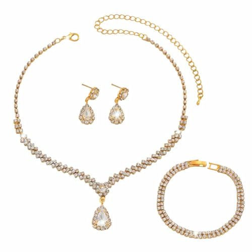 FDEETY Schmuckset Strass Halskette Armband Ohrringe Sets Prom Kostüm Schmuck Set Braut Hochzeit Party für Frauen und Mädchen(Gold)