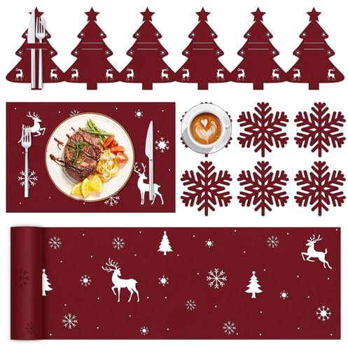 19 Stück Filz Weihnachten Platzsets, Platzdeckchen Weihnachten für 6 Personen, Weihnachten Filz Untersetzer Bestecktasche Tischläufer Rot, für Weihnachtsfeier Heimtisch Abendessen Dekoration