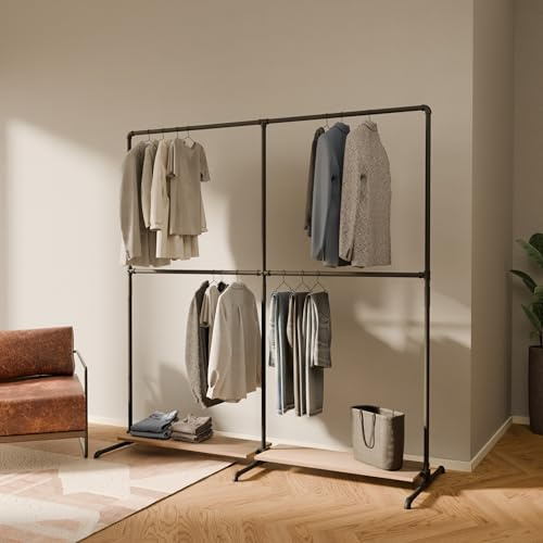 pamo Kleiderstange freistehend 120 kg Traglast - offener Kleiderschrank industrial schwarz aus Metall Wasserrohren mit Böden aus massiver Eiche