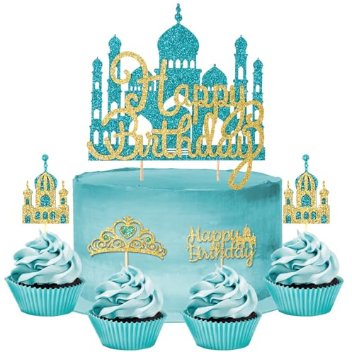 26Pcs Lake Blue Princess Cake Toppers Castle Cake Toppers for Party Decor | Glitter Material Happy Birthday Cake Toppers Princess Theme Party Supplies