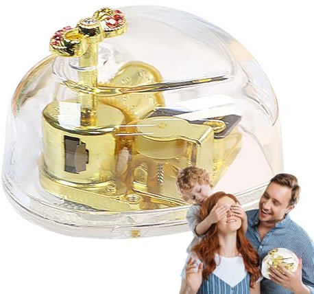 Transparente, mit Gold bepflanzte Spieluhr, klare Acryl-Spieluhr | Herzförmige Spieluhr aus Acryl zum Aufziehen | Vergoldete transparente Musikfiguren mit Schleife als Heimdekoration für den Valentins