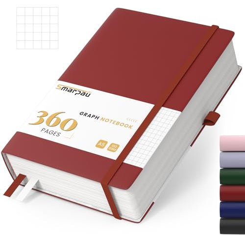 Smarpau Notizbuch A5, Hardcover Kariert Journal Buch mit 360 Seiten, Premium 100gsm Tintenfestes Papie Dickes,Leder Hard Cover Notizbuch für Frauen Männer Arbeit Büro Schule, 14.5 x 21cm-Dunkelrot