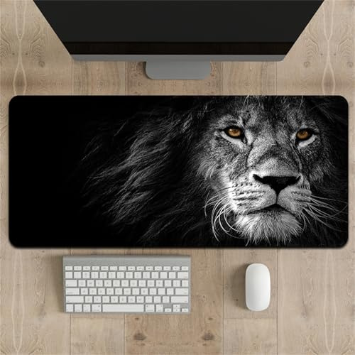 Treer Gaming Mauspad XXL/XL, Groß Schreibtischunterlage Großes Mousepad Gaming PC Schreibtisch Matte Desk Mat Vernähte Kanten für Büro, Tastatur, Laptop (Schwarzer Löwe,400 * 900 * 2mm)